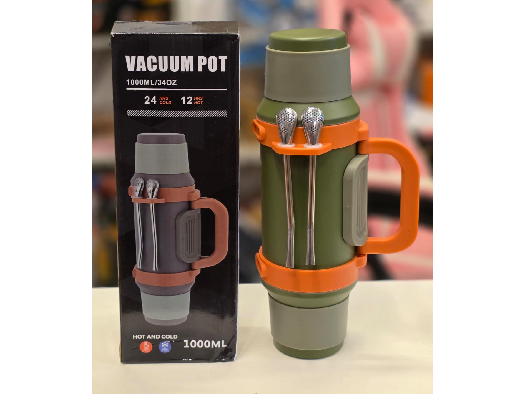 Termo Vacuum Pot 1000ml con Asa y Bombillas