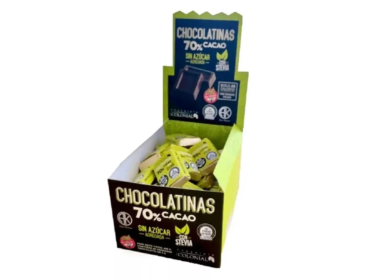 Chocolatinas 70% Cacao con Stevia Caja 50u de 5g Colonial
