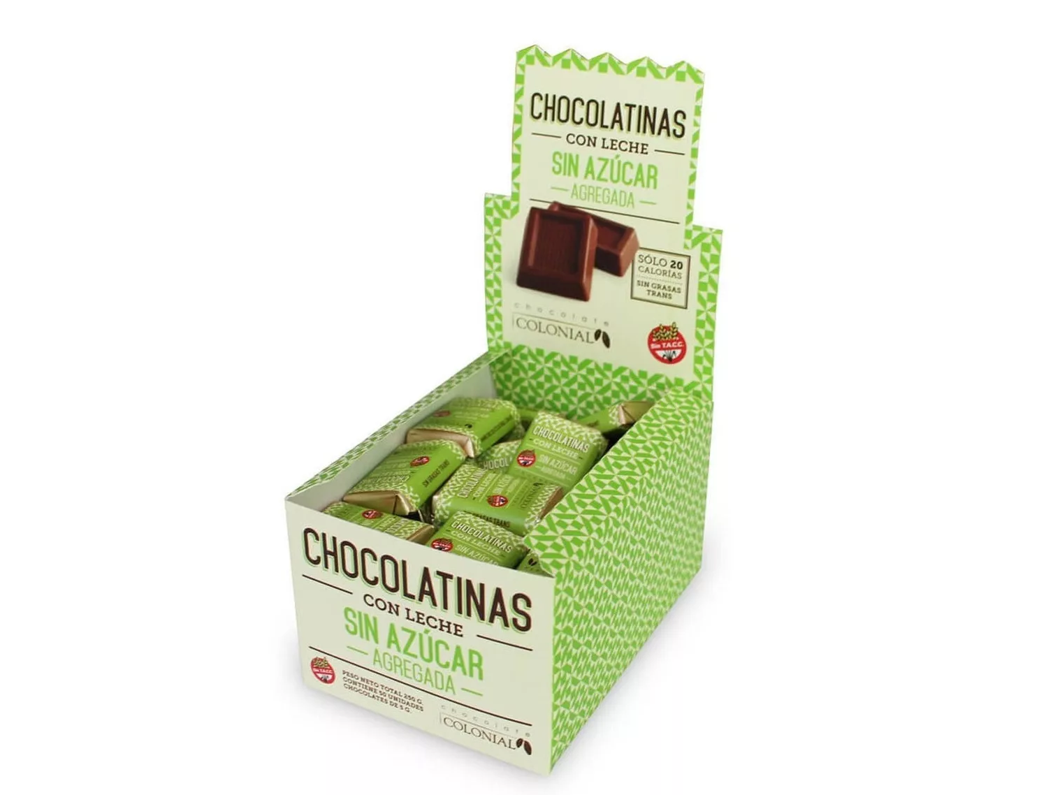 Chocolatinas con Leche sin Azúcar Agregada Caja 50u de 5g Colonial