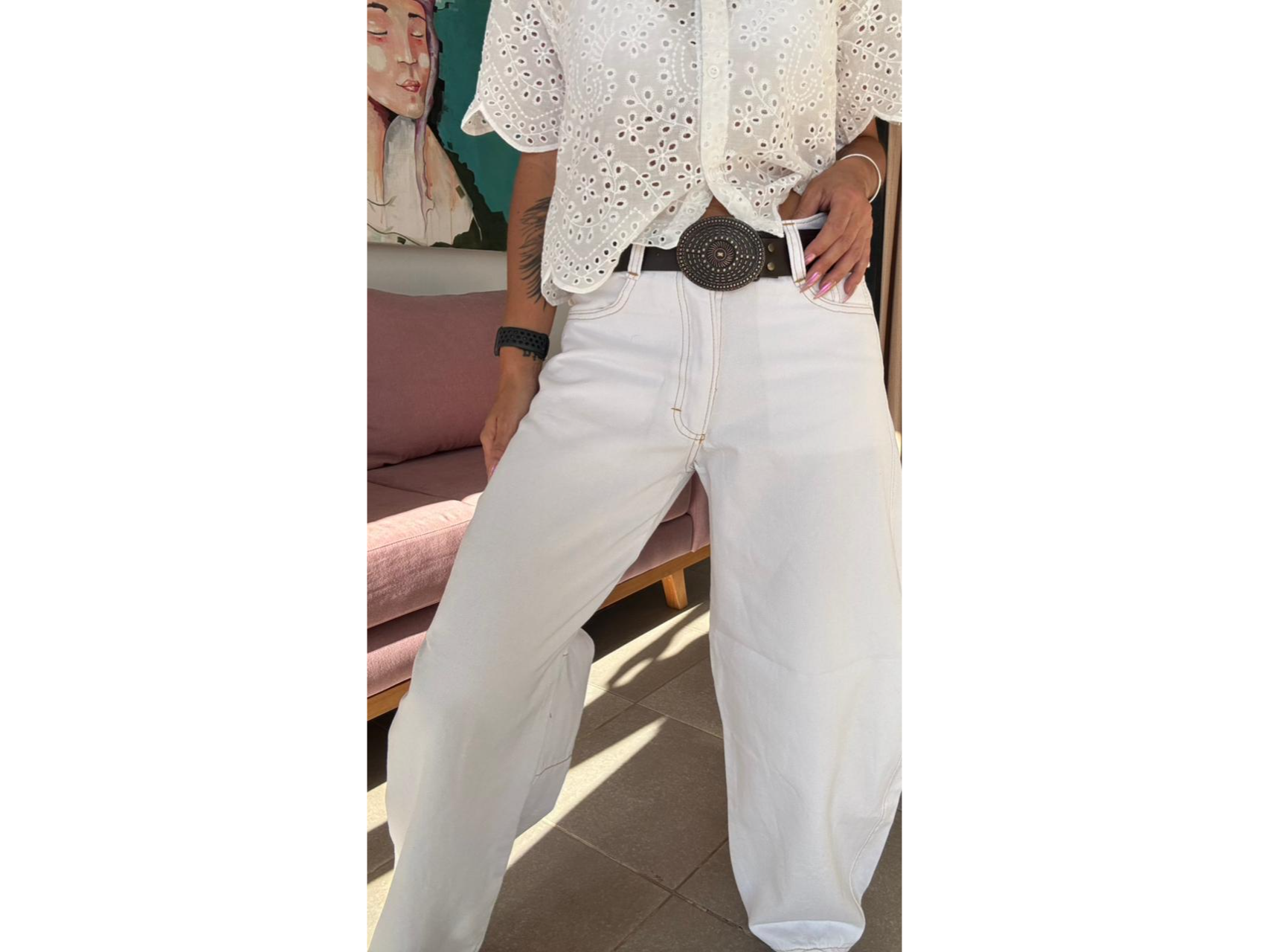 Baggy blanco hilo camel