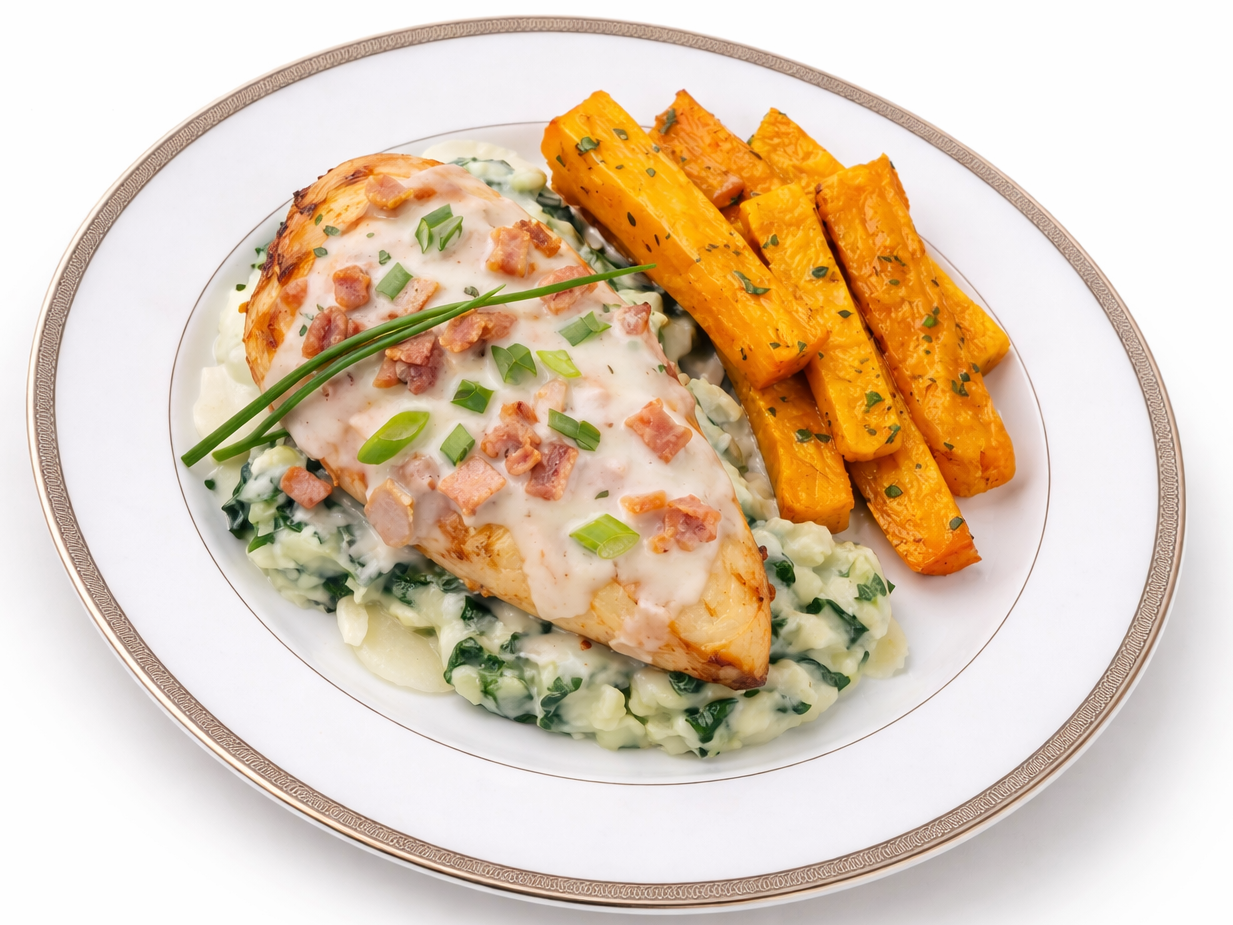 Pechuga de pollo con crema de verdeo, panceta y bastones de calabaza