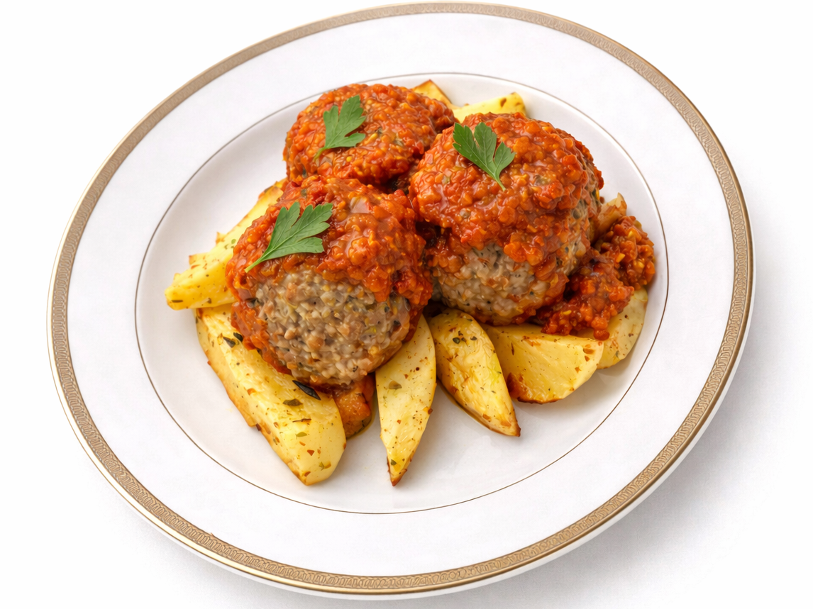 Albondigas de carne con salsa de tomate y pure de papa