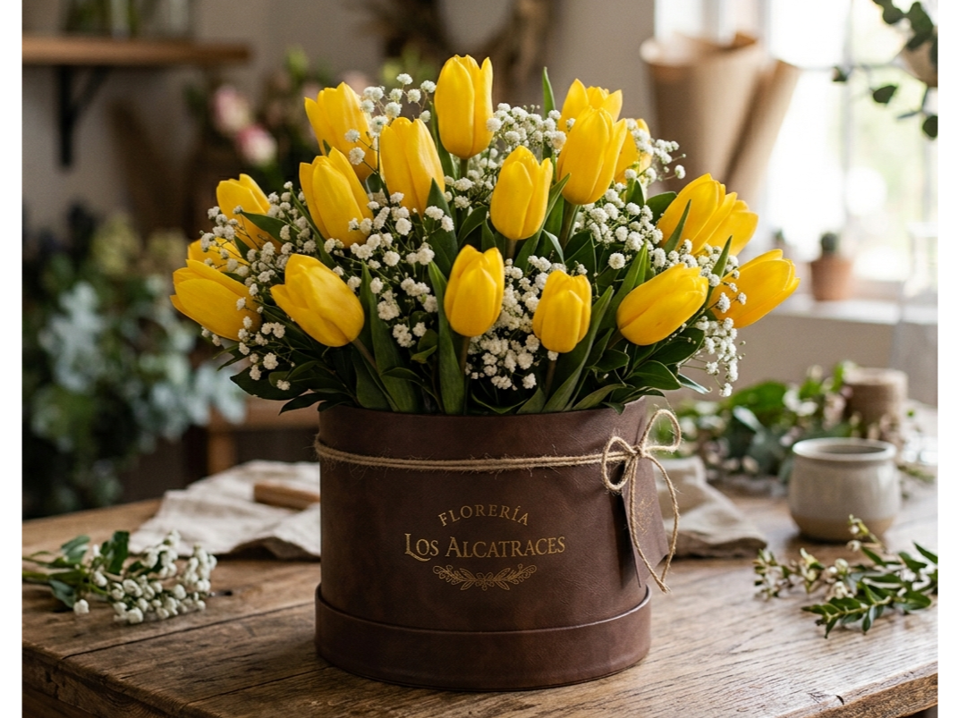 Caja de 20 Tulipanes con gipsophilia