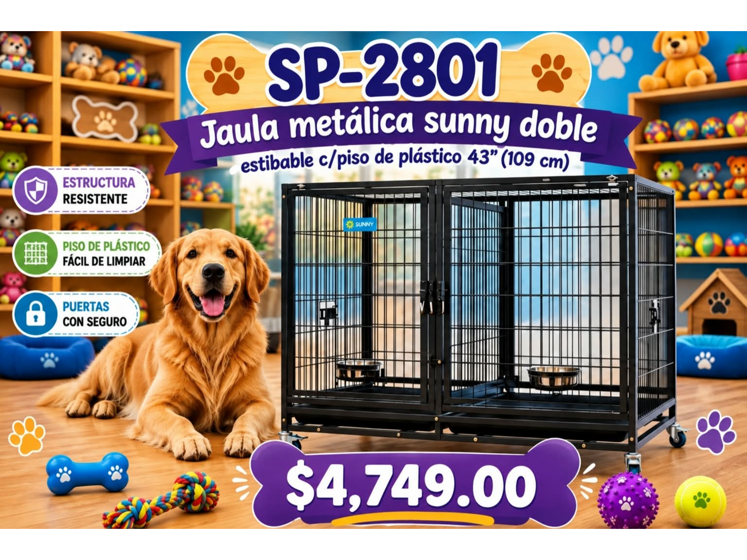 JAULA METALICA SUNNY DOBLE ESTIBABLE C/PISO PLASTICO 43" (109 CM)