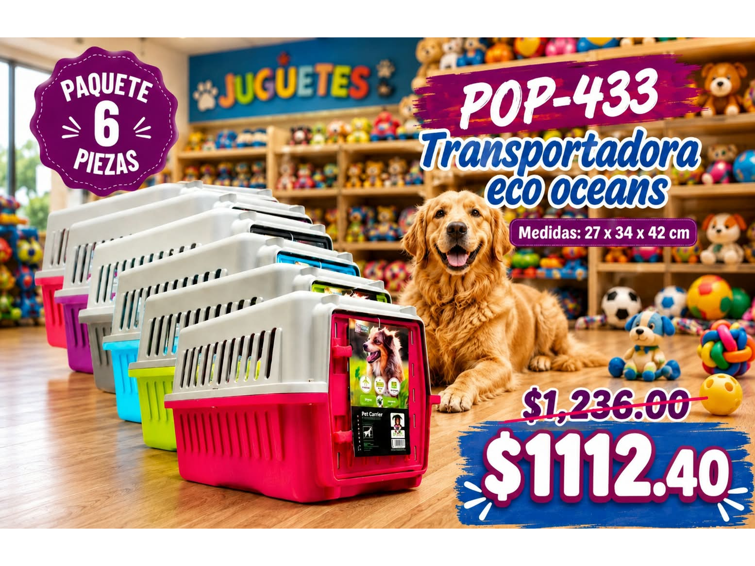 PAQUETE 6 PIEZAS TRANSPORTADORA ECO OCEAN PETS 42 CM