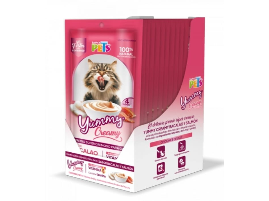 CAJA DISPLAY YUMMY CREAMY P/GATO BACALAO Y SAMON 12 PZAS.
