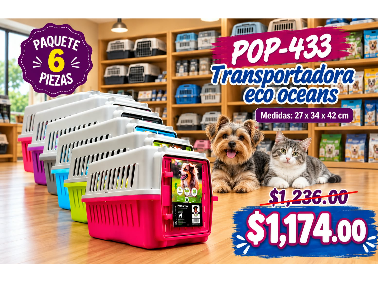 PAQUETE 6 PIEZAS TRANSPORTADORA ECO OCEAN PETS 42 CM