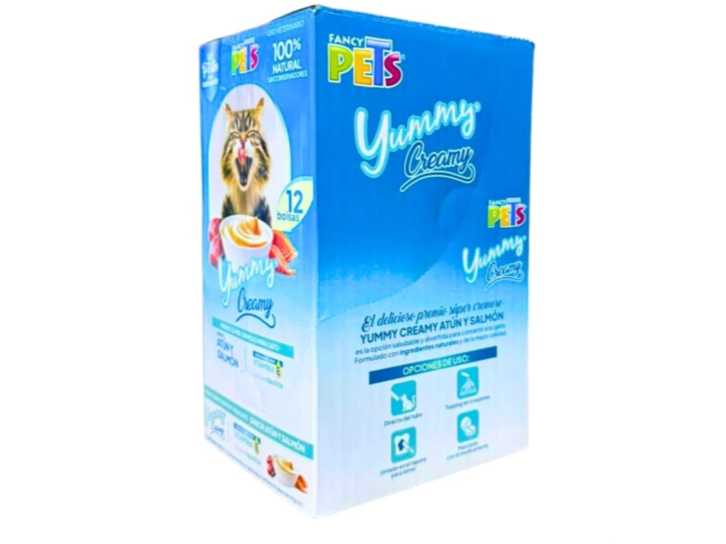 CAJA DISPLAY YUMMY CREAMY P/GATO ATÚN Y SALMON 12 PZAS.