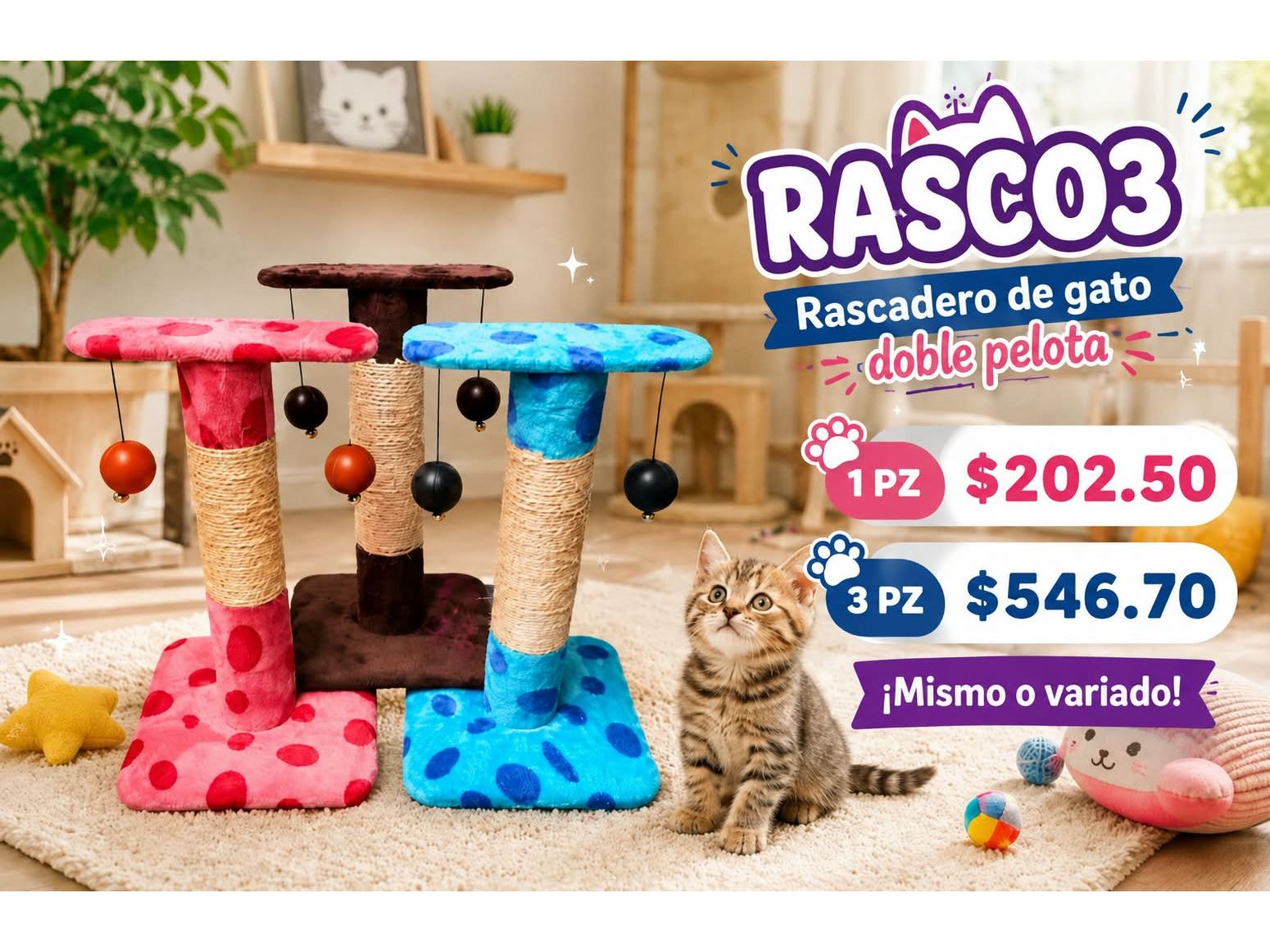 RASCADOR DE GATO DOBLE PELOTA FLANEL E IZTLE