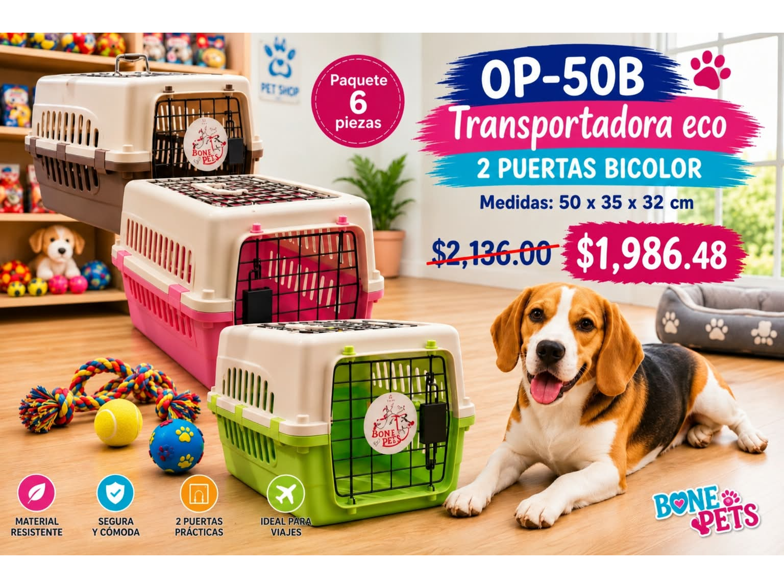 PAQUETE 6 TRANSPORTADORAS ECO 2 PUERTAS BICOLOR