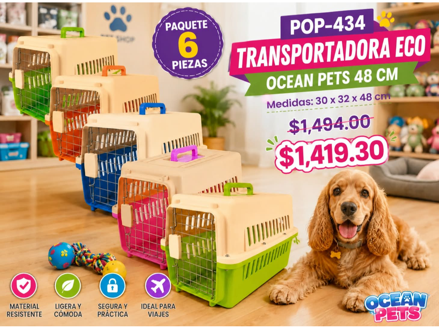 PAQUETE 6 TRANSPORTADORAS ECO OCEAN PETS 48 CM