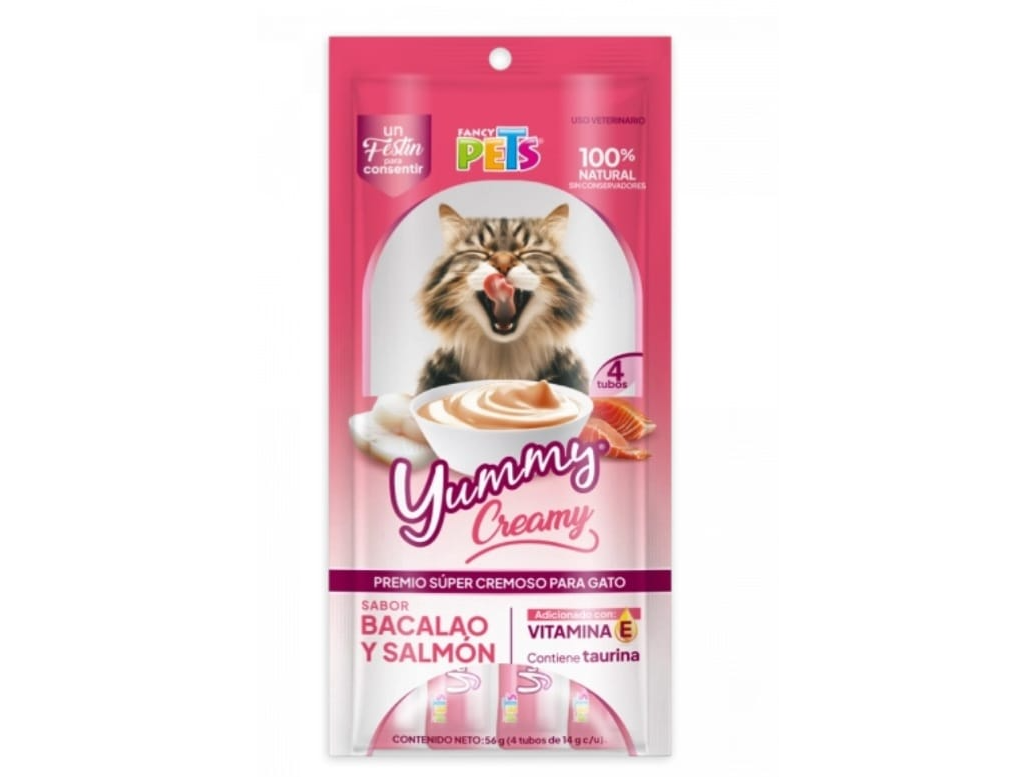 YUMMY CREAMY P/GATO BACALAO Y SALMÓN BOLSA C/4 SOBRES DE 14 G. C/U