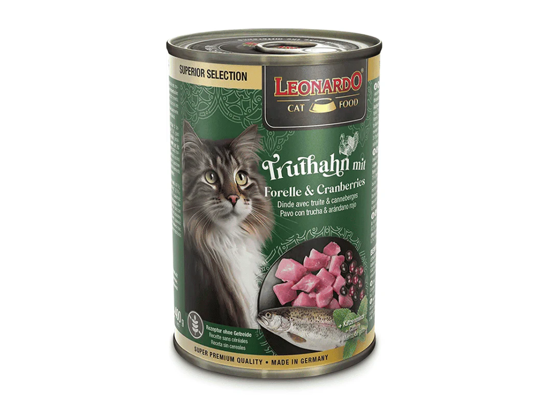 LATA LEONARDO GATO PAVO CON TRUCHA Y ARANDANOS 400G