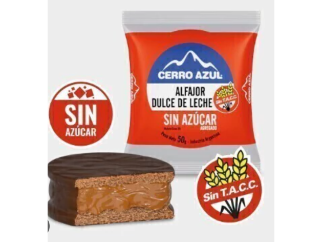 Alfajor Dulce de leche con  baño  de Choc. Sin azúcar Cerro Azul