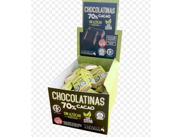 CHOCOLATINAS 70% CACAO SIN AZUCAR CON STEVIA DISPLAY 50 UN X 5GR