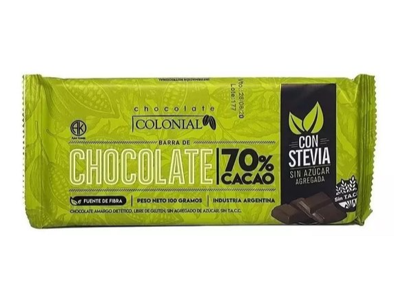 BARRA DE CHOCOLATE 70% CACAO C/STEVIA X 100 GR ( 10 UN)