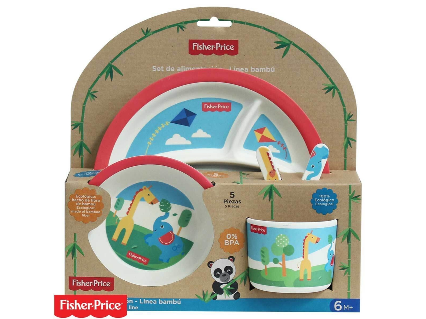 Set Alimentacion Bebe Bamboo Plato Vaso Fisher Price 5pz JIRAFA