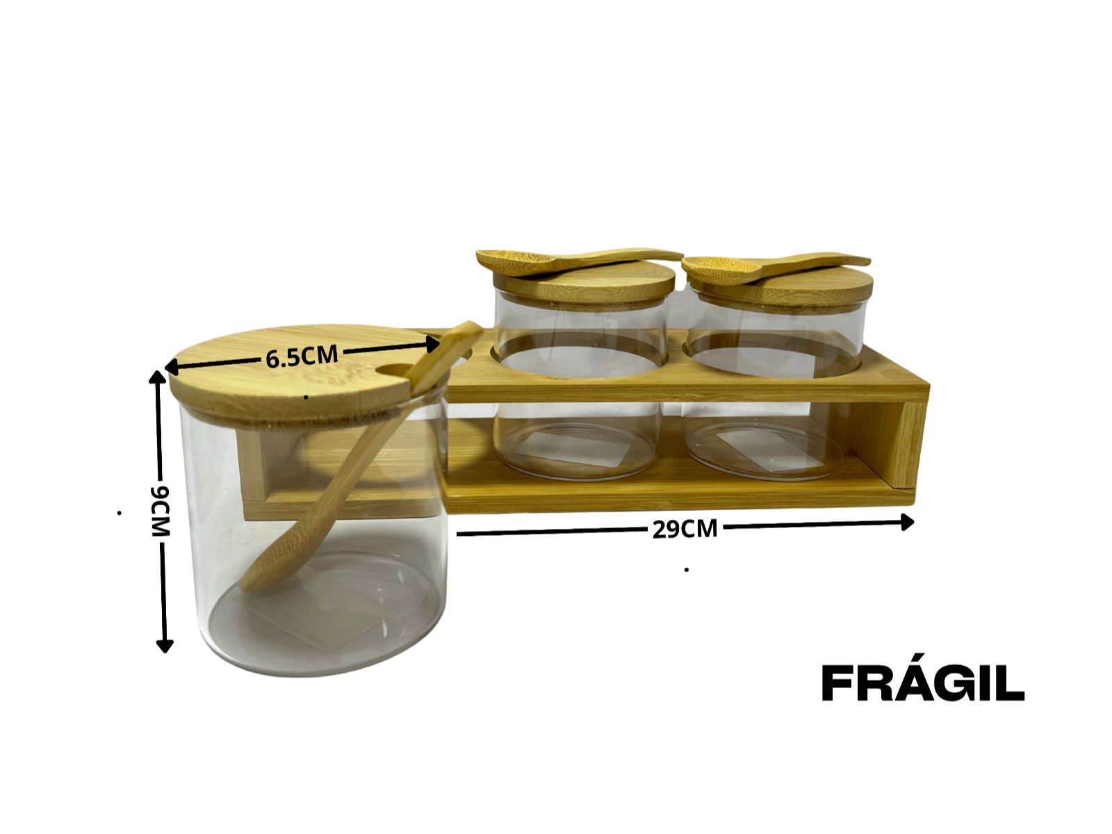 Set de Contenedores de Vidrio x3 con Tapa y Soporte de Madera