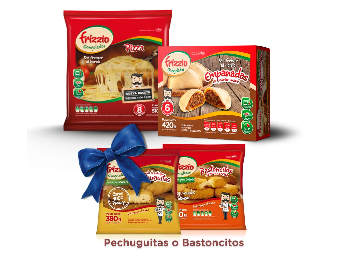 Pizza Muzza + Empanadas + Bastoncitos o Pechuguitas