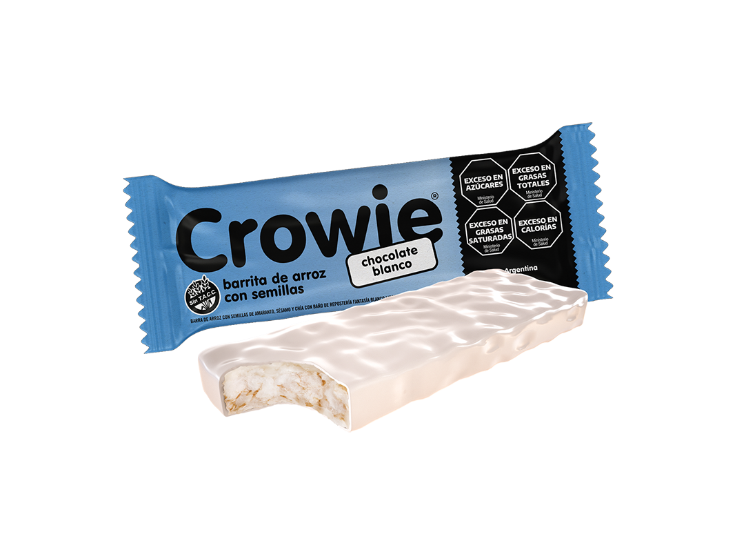 Barrita de arroz con semillas. Sabor chocolate blanco. Crowie