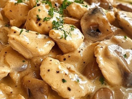 Strogonoff de pollo con champiñones