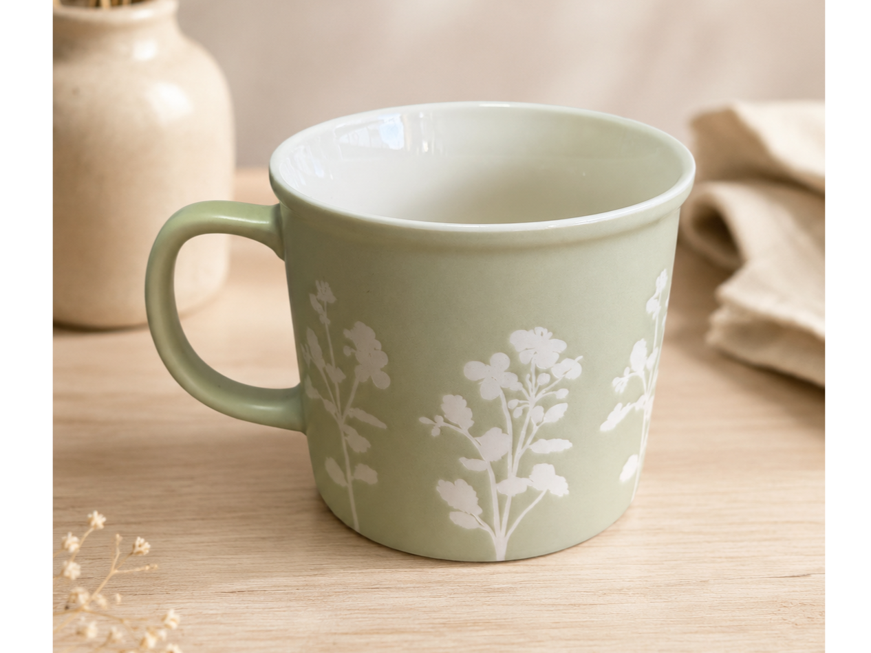 TAZA CERÁMICA VERDE CON FLORES