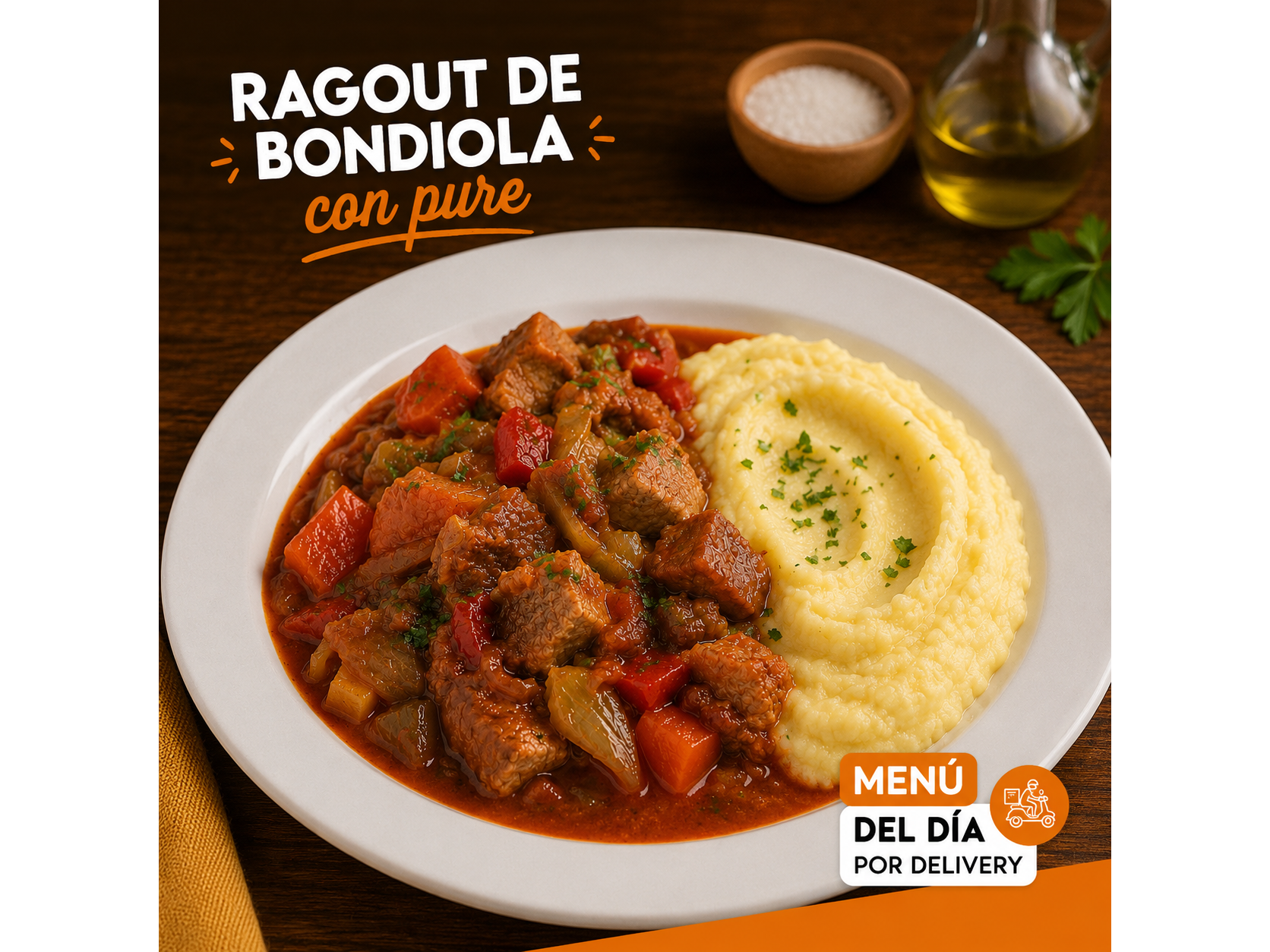 Ragout de Bondiola con pure (incluye bollitos de pan brioche y postre)