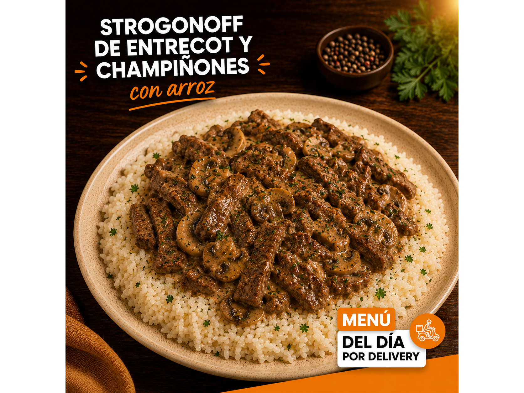 ESPECIAL DE LA SEMAN OPCION 2: Strogonoff de entrecot y champiñones con arroz