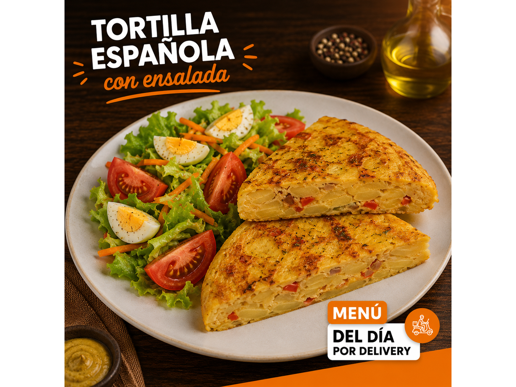 Tortilla española (Incluye Postre y bollitos de Pan Brioche)