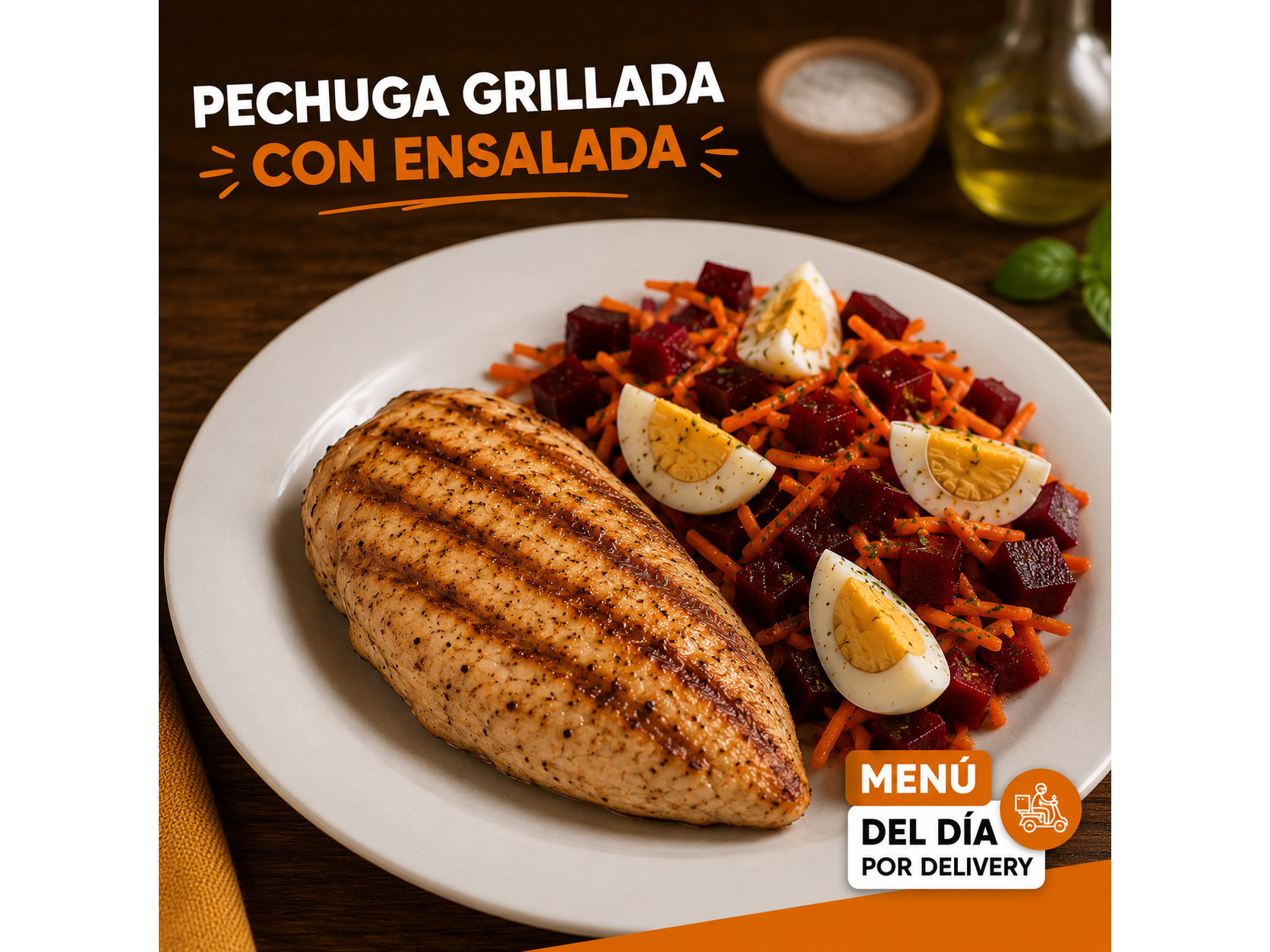 Pechuga Grillada (Incluye Postre y bollitos de Pan Brioche)