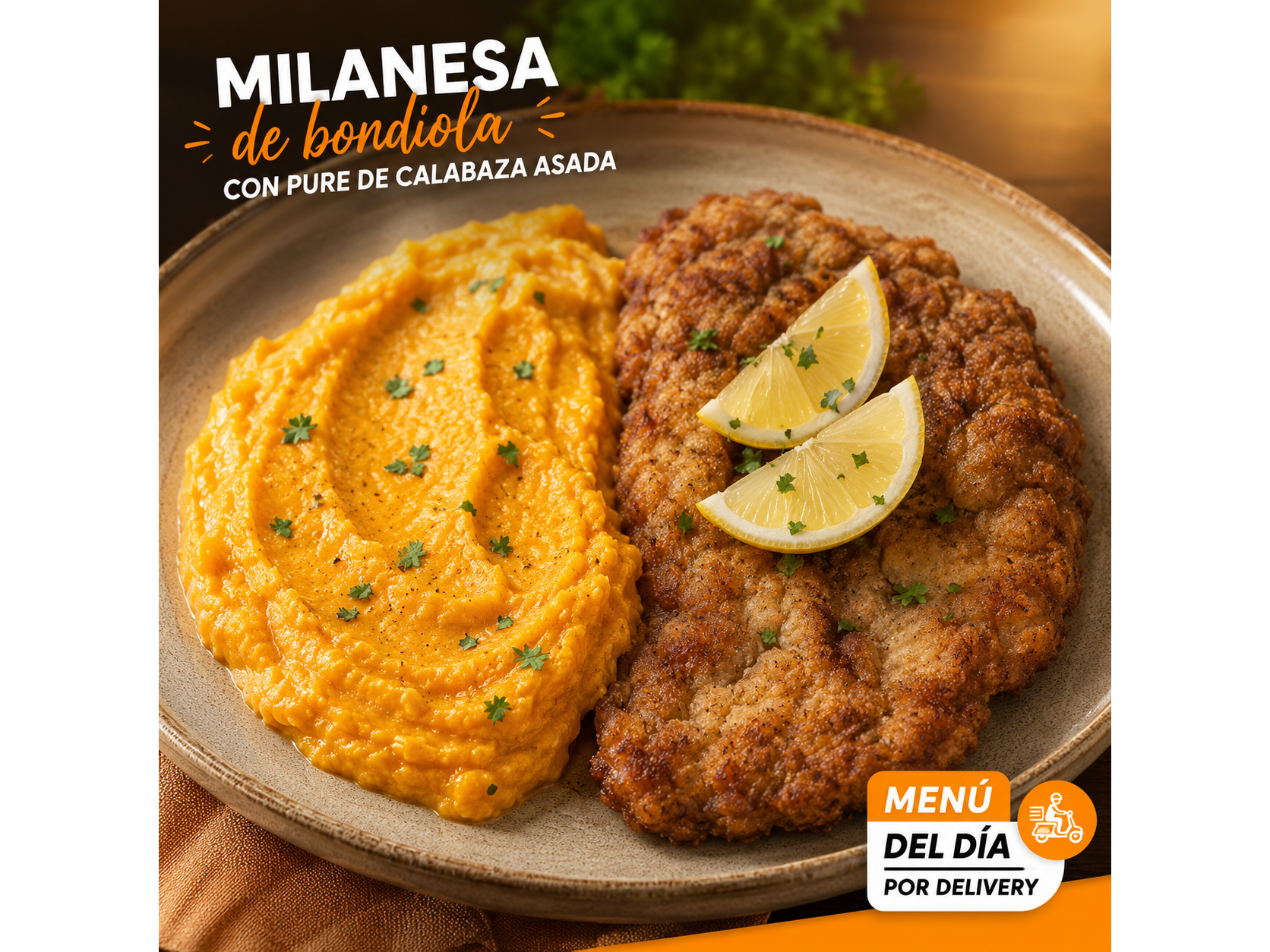 Milanesa de Bondiola (incluye bollitos de pan brioche y postre)