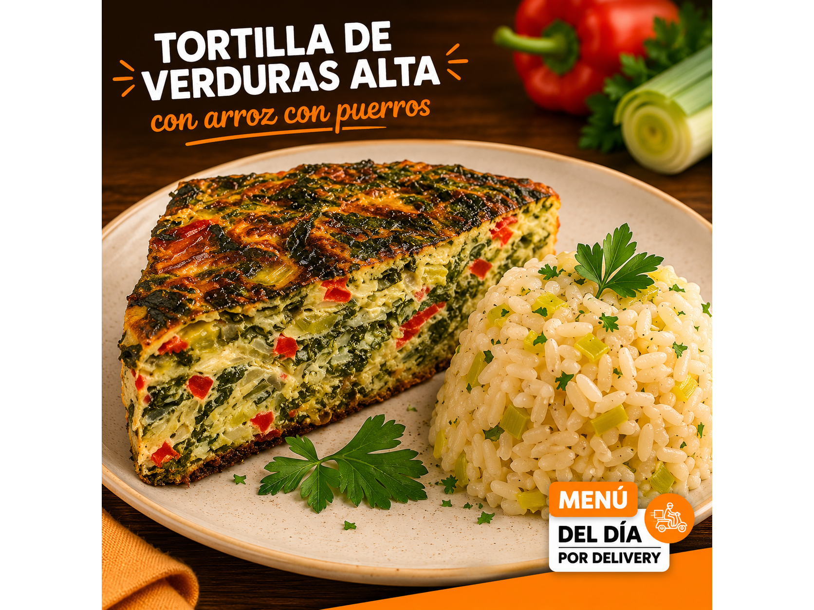 Tortilla de verduras alta (Incluye bollitos de pan brioche y postre)