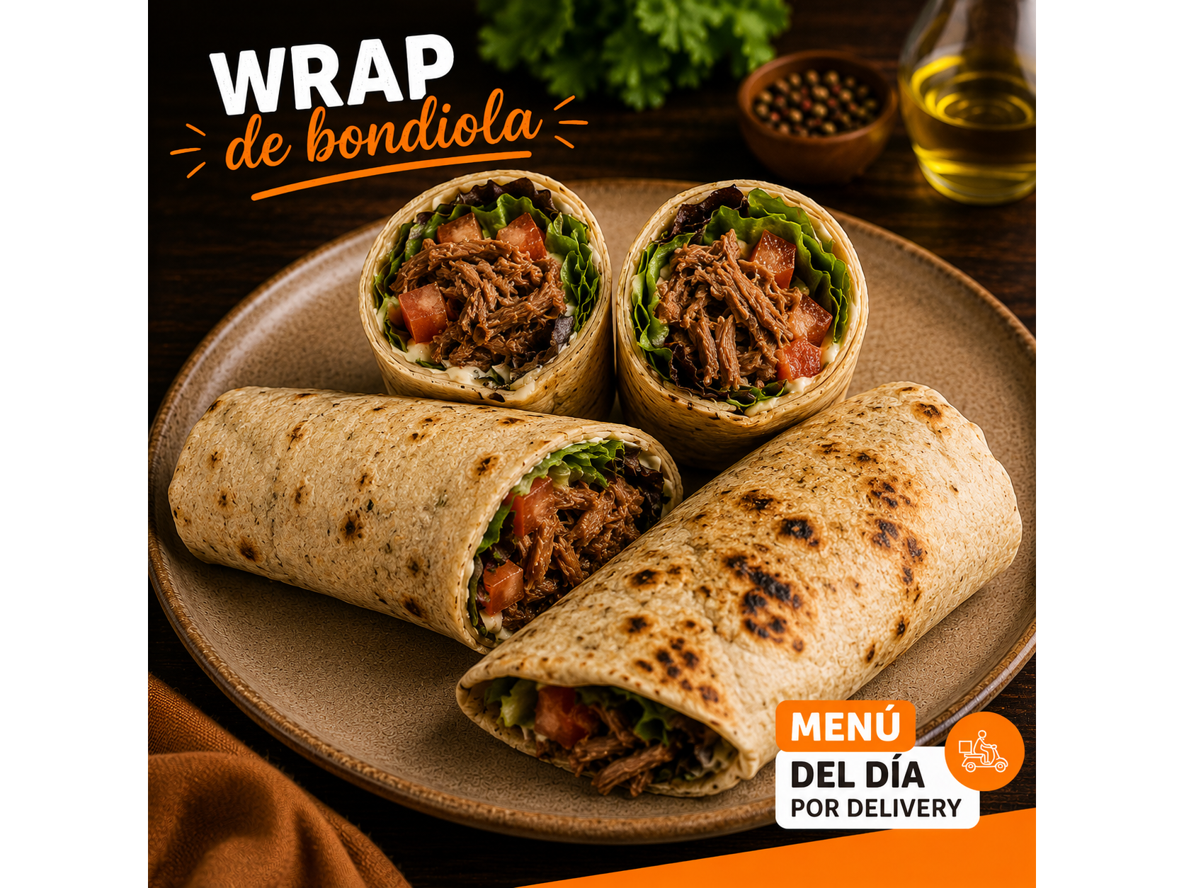 Wrap de Bondiola (incluye postre )