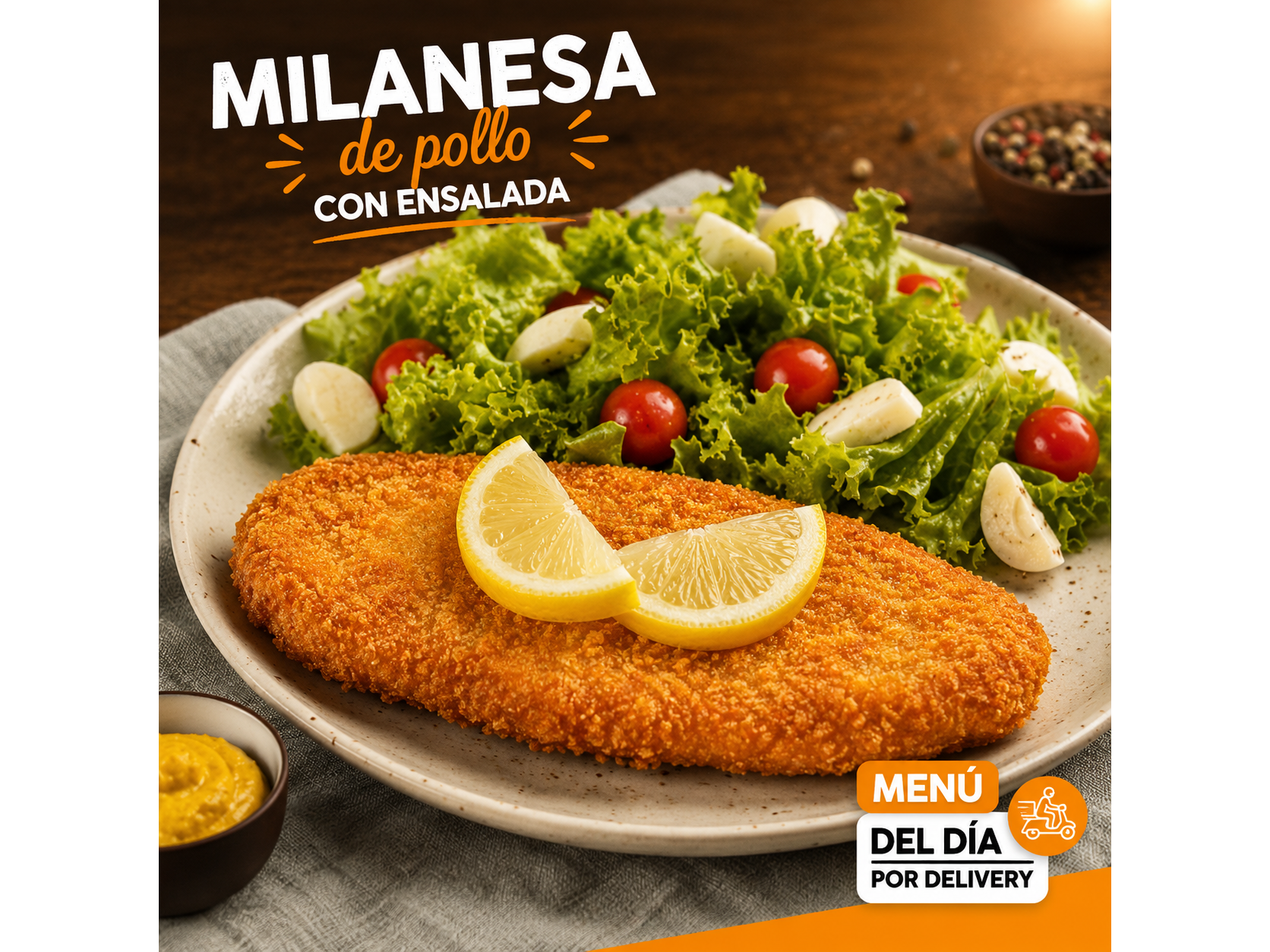 Milanesa de pollo (Incluye Postre y bollitos de Pan Brioche)