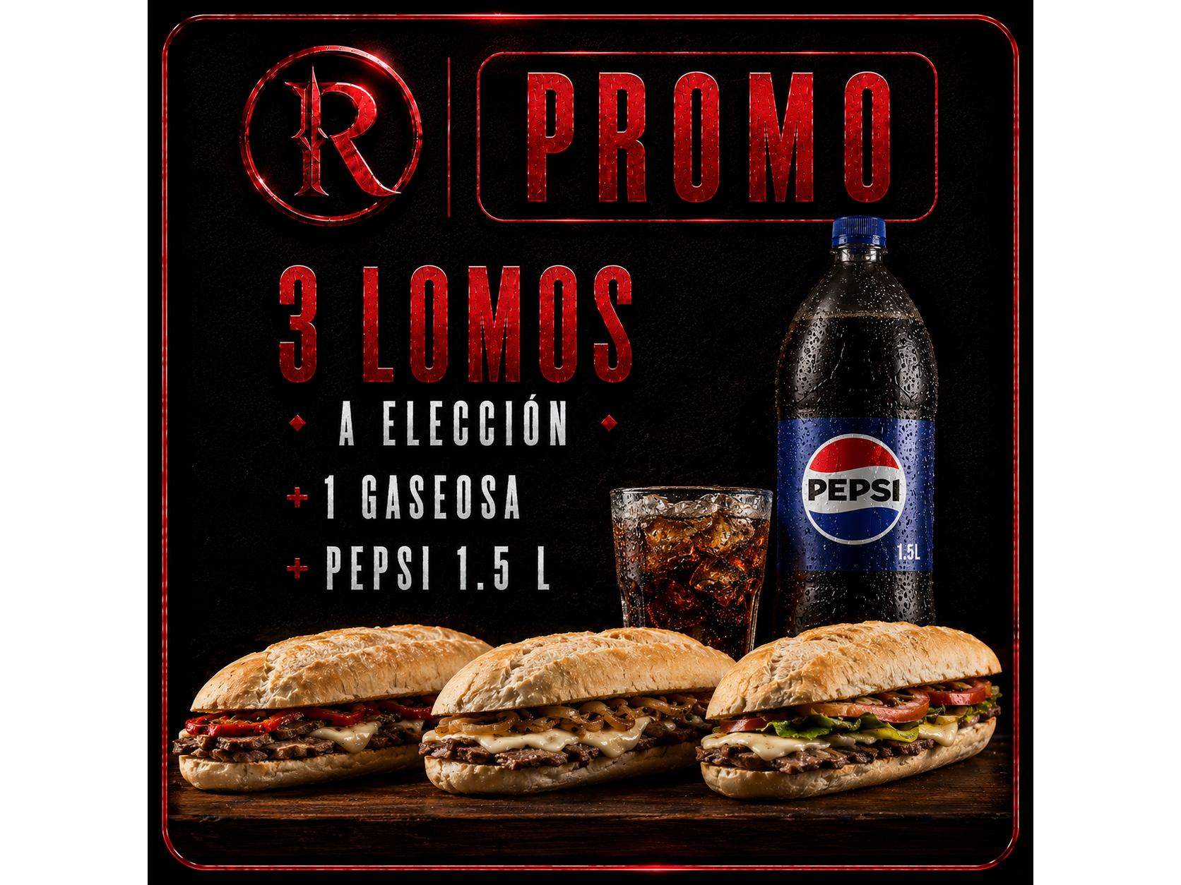 3 lomos a elección + 1 pepsi 1,5