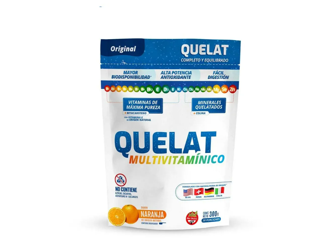 Quelat Multivitaminico X300g Sabor Naranja. No Contiene Azúcar, Sacarina, Aspartame Ni Ciclamato