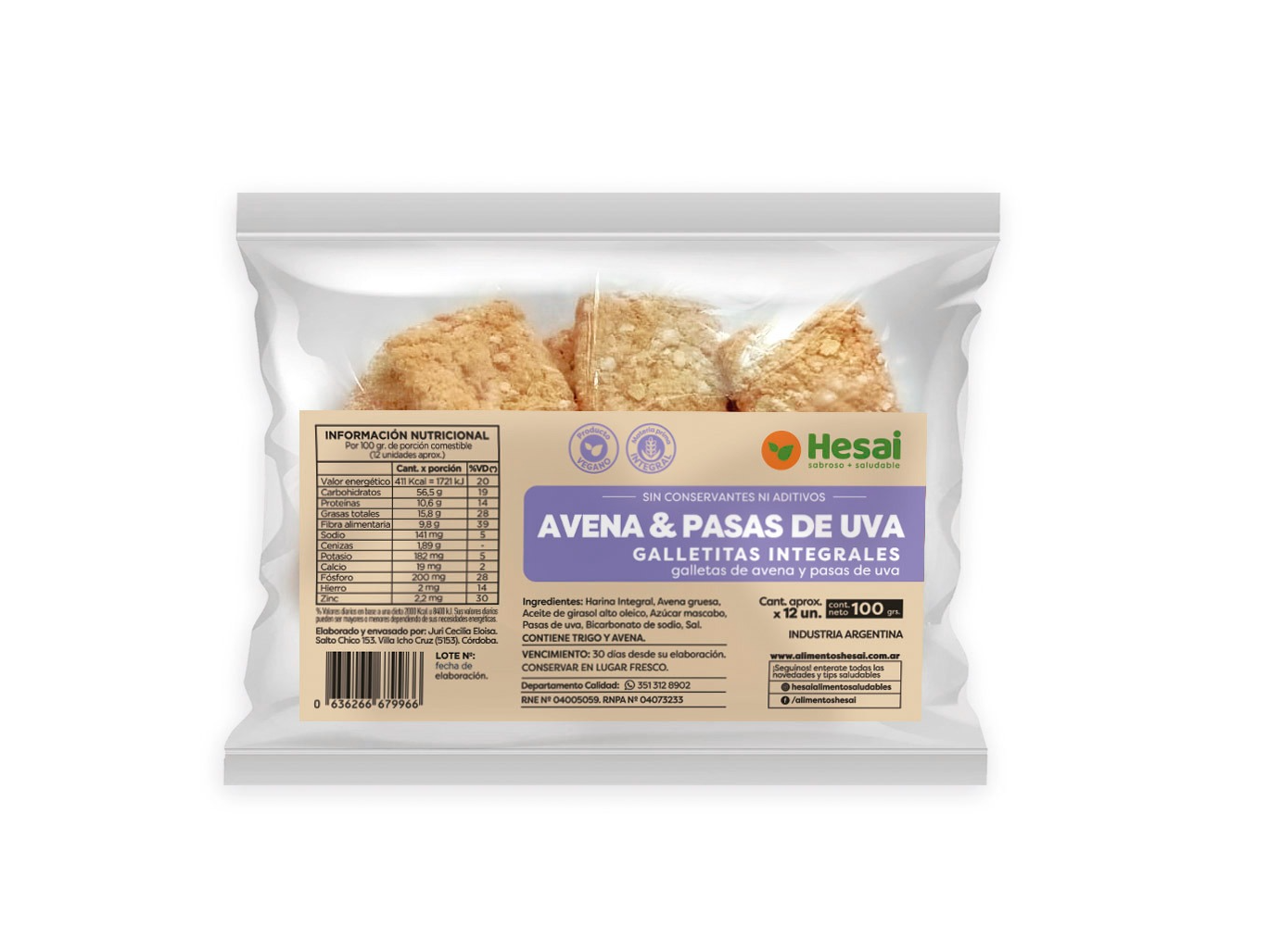 Galletitas integrales de Avena y Pasas de Uva