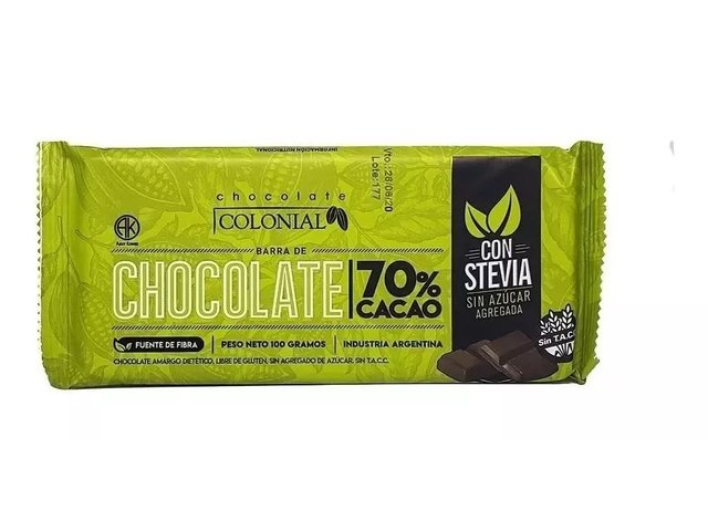 Chocolate "Colonial" negro 70% cacao sin azúcar con stevia en barra - 100 Grs.
