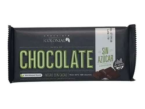 Chocolate "Colonial" negro 55% cacao sin azúcar en barra - 100 Grs.