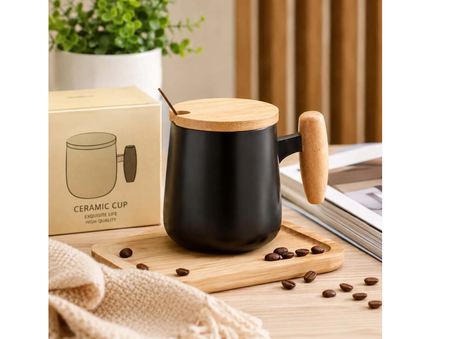 JARRO CERÁMICA CON TAPA BAMBOO Y CUCHARA EN CAJA RED