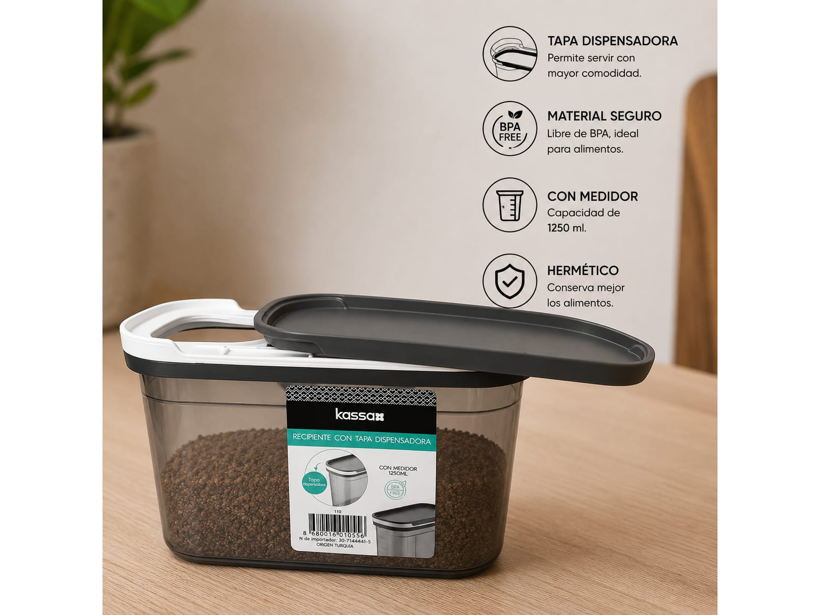 CONTENEDOR RECTANGULAR CON TAPA DISPENSADORA 1250 ML