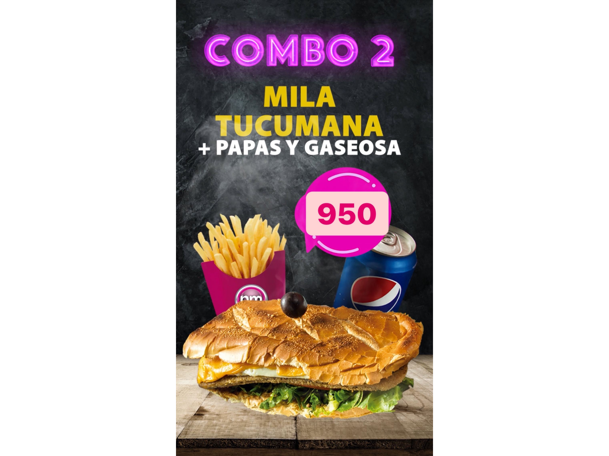 Combo 2 Mila tucumana + papas fritas + lata de Pepsi $950