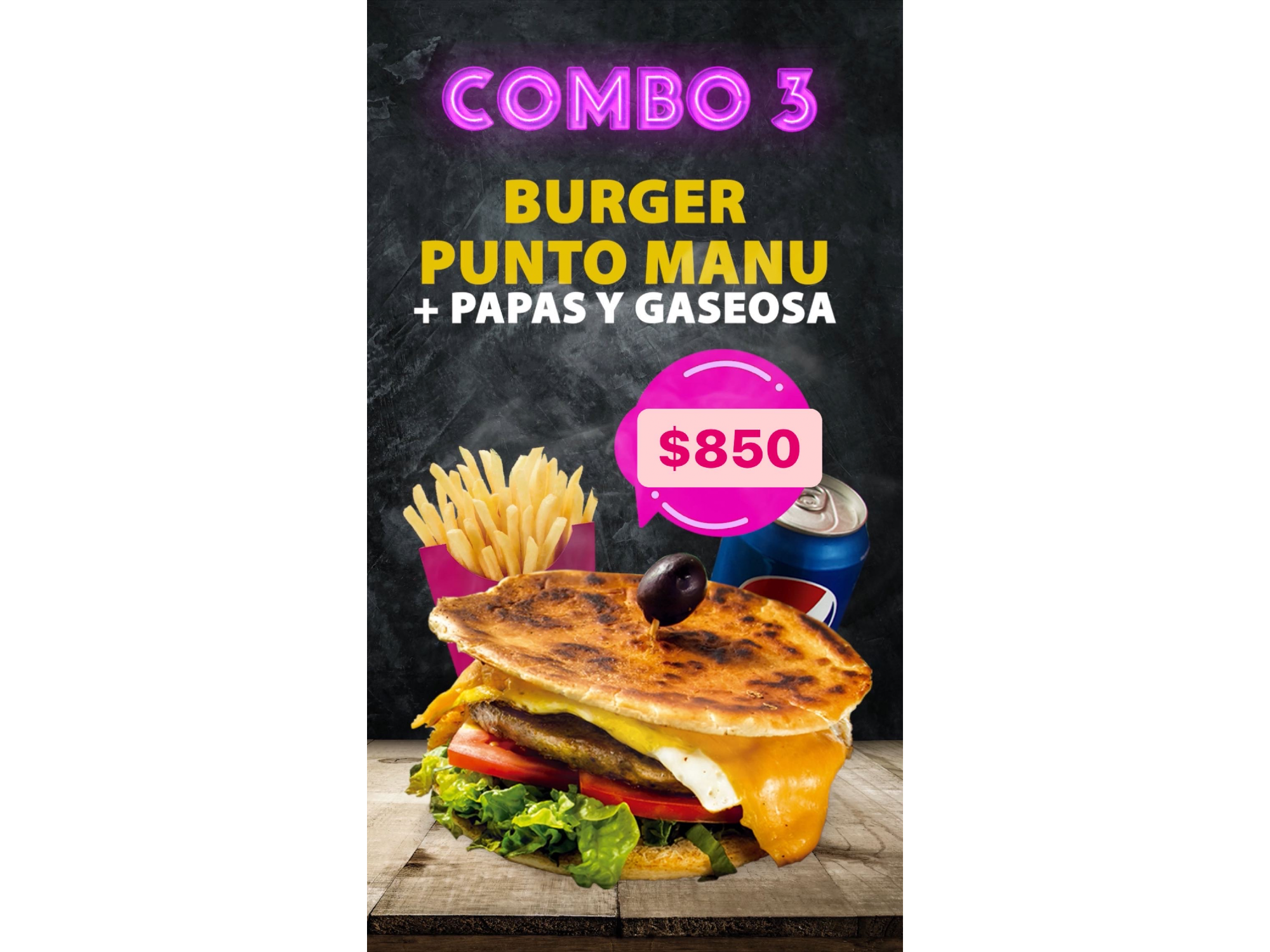 Combo 3 hamburguesa puntomanu + papas fritas + lata de Pepsi