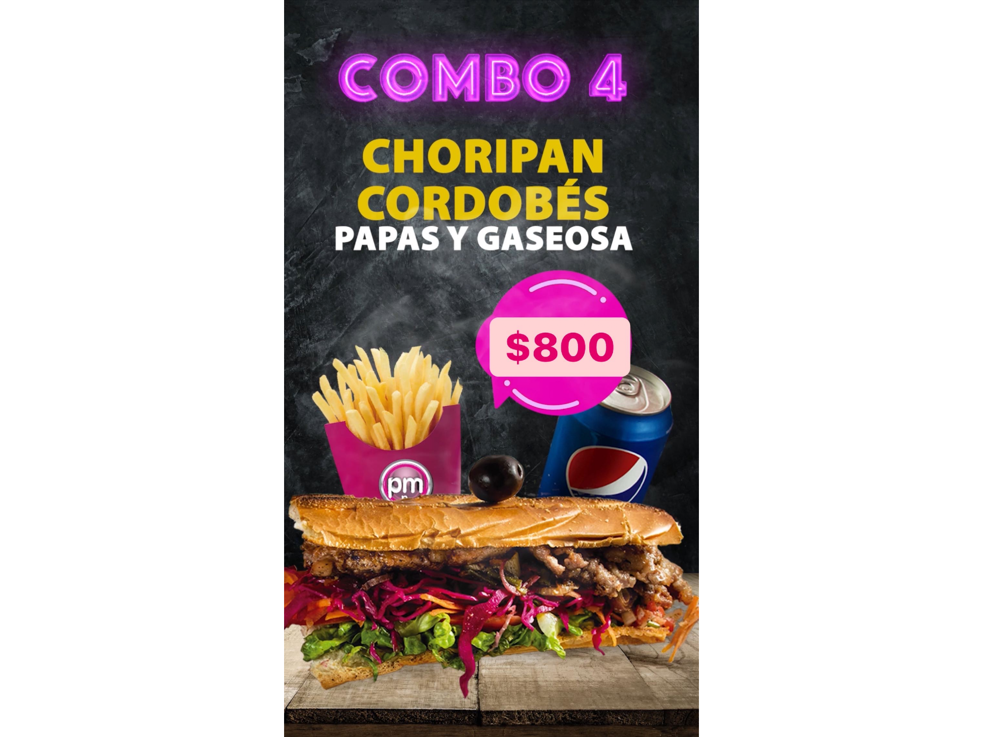 Combo 4 choripan Cordobes + papas fritas + Pepsi lata