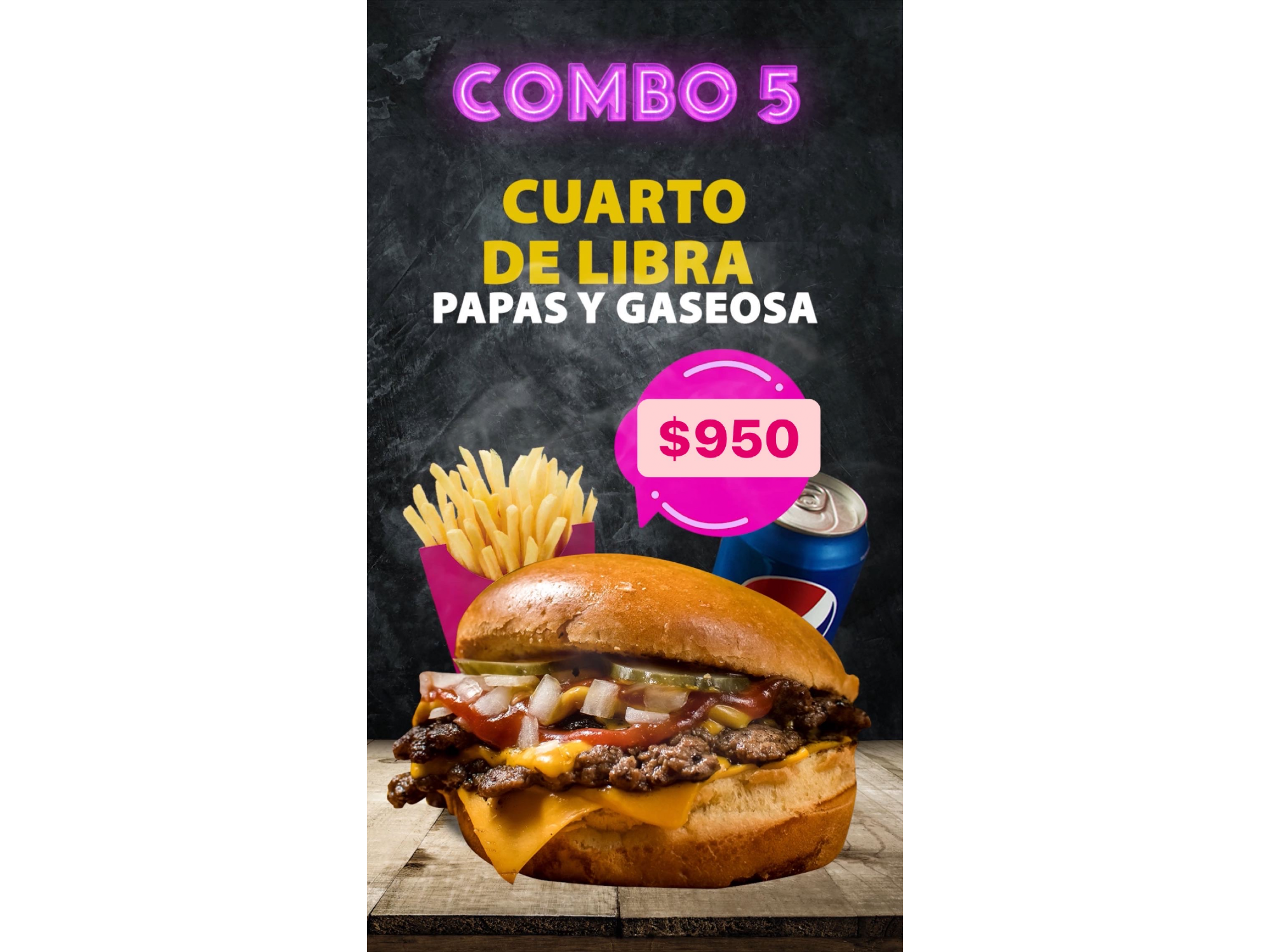 Combo 5 doble cuarto de libra + papas fritas + lata de Pepsi