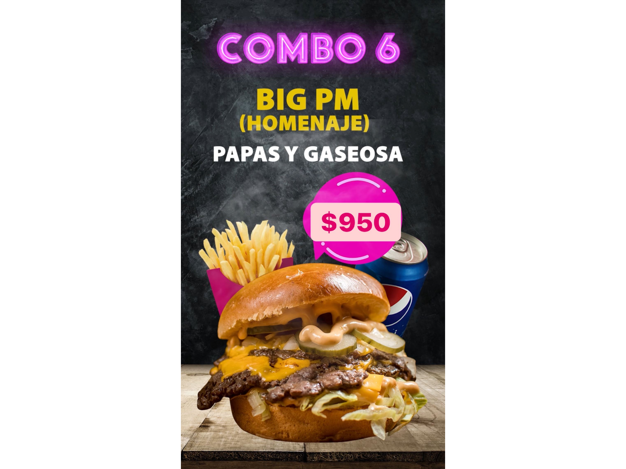 Combo 6 big Pm + papas + lata de Pepsi