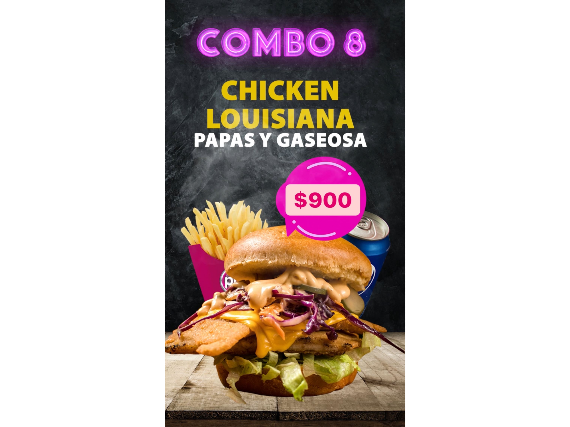 Combo 8 Burger Chicken Louisiana + papas fritas + lata de Pepsi