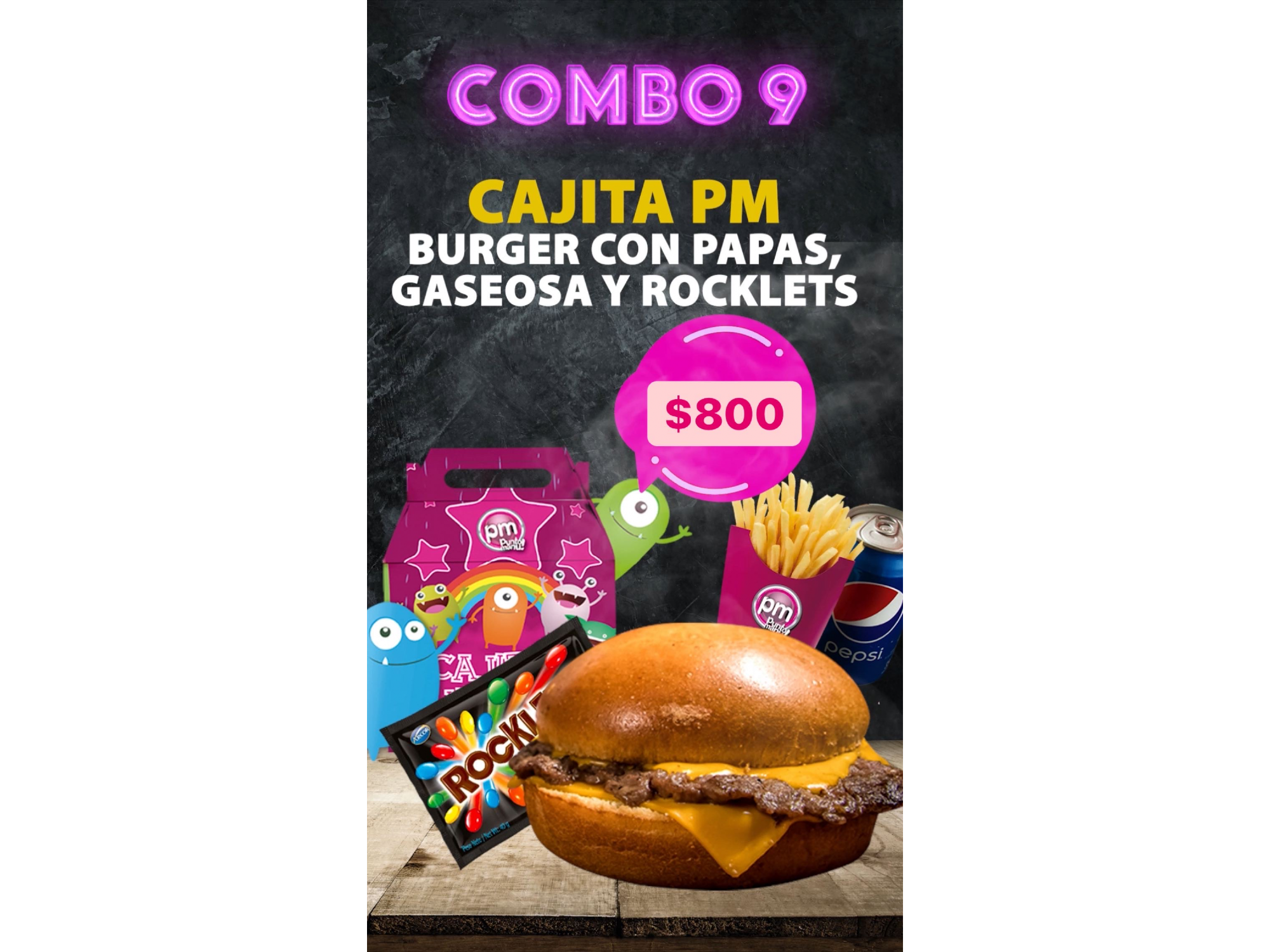 Combo 9 cajita Pm + papas + lata de Pepsi + rocklets