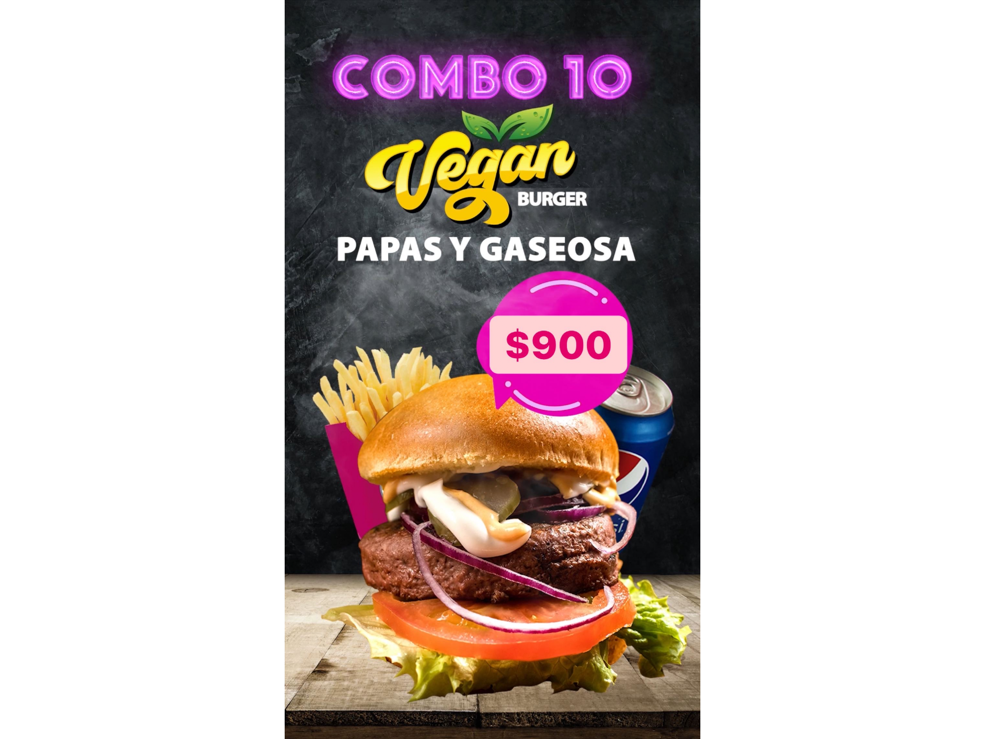 Combo 10 Burger Vegan not + papas fritas + lata de Pepsi