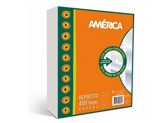 Repuesto Escolar América N°3 x400 Hojas Rayadas con Banda Protectora